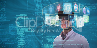 Composite image of portrait of businessman holding virtual glasses 3d