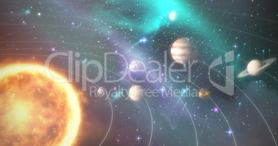 Graphic image of various planets with sun 3d