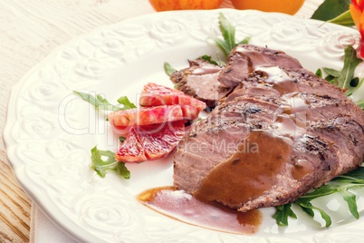 Pink fried duck breast