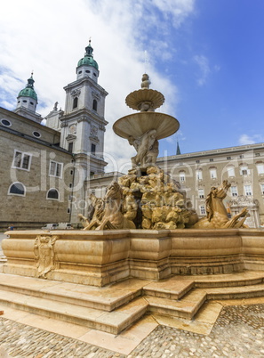Fountain and cathedral at the Residenzplatz in Salzburg, Austria