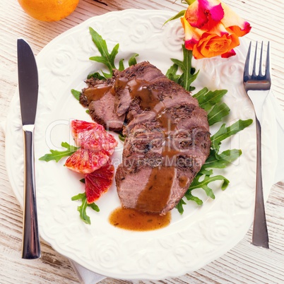 Pink fried duck breast