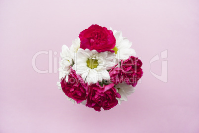 Bouquet of chamomile and carnation on a pink background. Flat lay