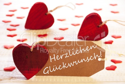 Label With Many Red Heart, Herzlichen Glueckwunsch Means Congratulations