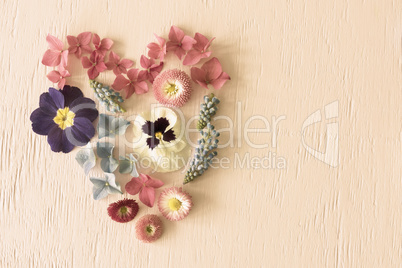 Retro Spring Flower Blossoms, Heart Shape, Copy Space