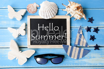 Blackboard With Maritime Decoration And Text Hello Summer