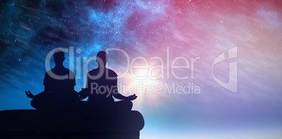 Composite image of attractive couple in white meditating in lotus pose