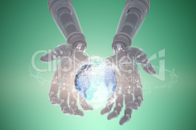 Composite image of robotic hands against green background 3d