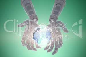 Composite image of robotic hands against green background 3d