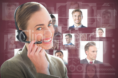 Composite image of smiling businesswoman with headset using computers