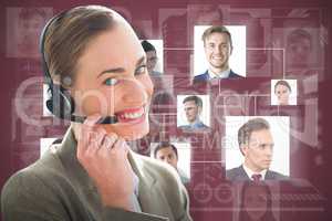 Composite image of smiling businesswoman with headset using computers