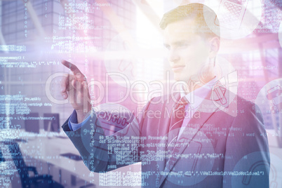 Composite image of young smart businessman pointing 3d