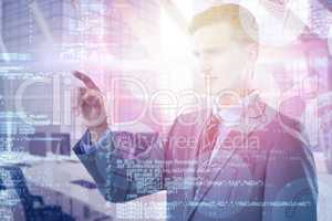 Composite image of young smart businessman pointing 3d