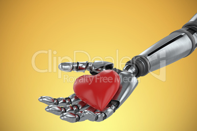 Composite image of 3d image of cyborg holding red heard shape decoration