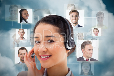 Composite image of close up of a smiling operator posing with a headset