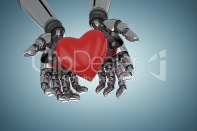 Composite image of three dimensional image of robot holding red heard shape 3d