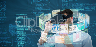 Composite image of man using black virtual reality headset 3d