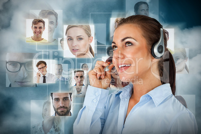 Composite image of call center agent looking upwards while talking
