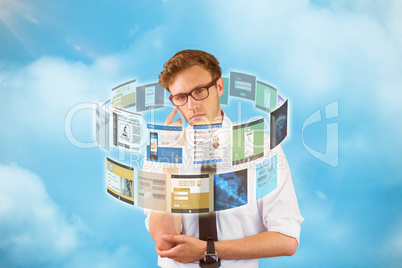 Composite image of young businessman thinking looking at camera 3d