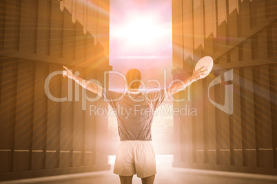 Composite image of rugby player gesturing with hands 3d