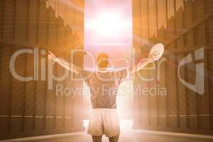 Composite image of rugby player gesturing with hands 3d