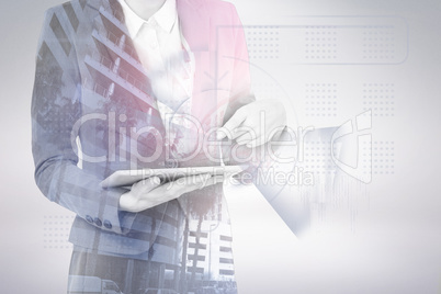 Composite image of midsection of businesswoman using digital tablet 3d