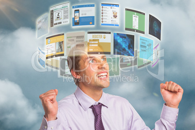 Composite image of elegant businessman cheering with clenched hands against white background 3d