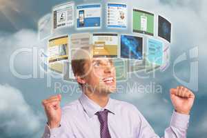 Composite image of elegant businessman cheering with clenched hands against white background 3d