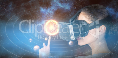 Composite image of close up of woman gesturing while using virtual video glasses 3d
