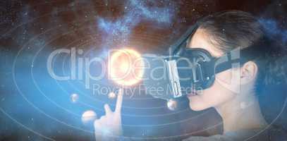 Composite image of close up of woman gesturing while using virtual video glasses 3d