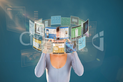 Composite image of woman using virtual video glasses 3d