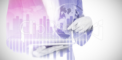 Composite image of midsection of businesswoman holding digital tablet 3d