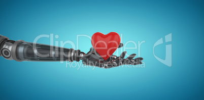 Composite image of three dimensional image of cyborg holding red heart shape decor 3d