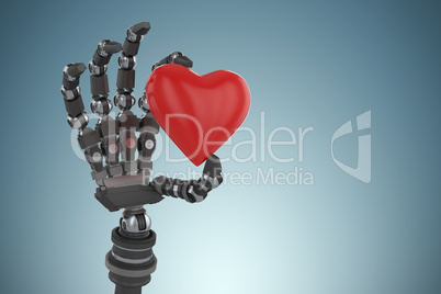 Composite image of 3d image of robot hand holding heard shape decoration