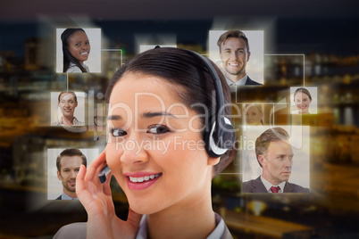 Composite image of close up of a smiling operator posing with a headset