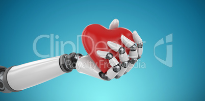 Composite image of 3d image of bionic person holding heart shape decor