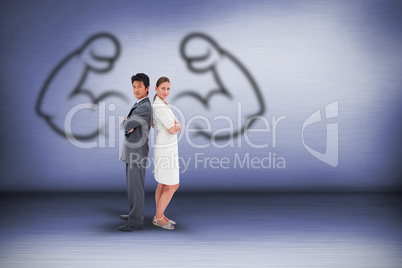 Composite image of portrait of business people standing back-to-back