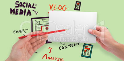 Composite image of hands holding card and pencil
