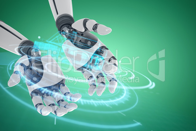 Composite image of robotic hands against green background 3d