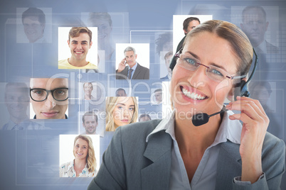 Composite image of portrait of a call center executive wearing headset