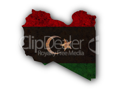 Karte und Fahne von Libyen auf rostigem Metall