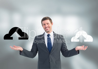 Man choosing or deciding cloud uploads icons with open palm hands