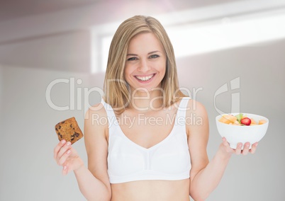 Woman choosing or deciding food with open palm