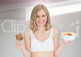 Woman choosing or deciding food with open palm