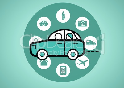 car illustration icon in circle against green background with travel icons