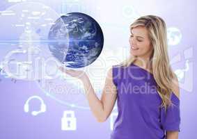 Woman with open palm hand under world earth interface