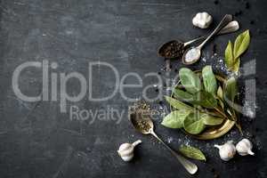 Dark culinary background with bay leaves, salt, pepper and garlic, view from above, copy space for recipe text