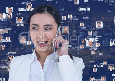 Businesswoman on phone against Night city with connectors