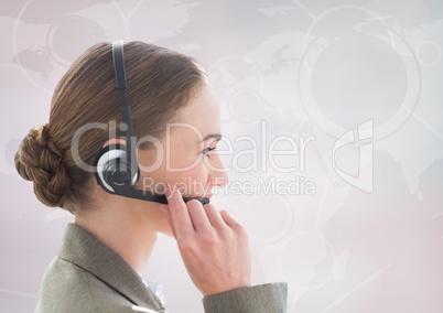 Close up of travel agent with headset against white map