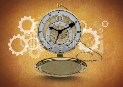 Pocket watch clock against brown background with cog wheel illustrations