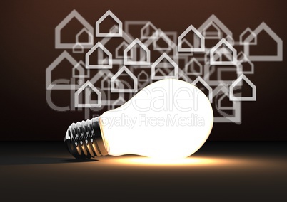 3D bulb against brown background with home icons